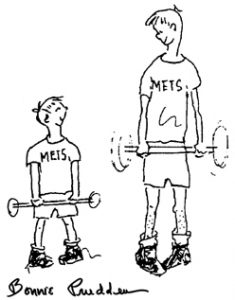 father and son exercise together - drawing by Bonnie Prudden